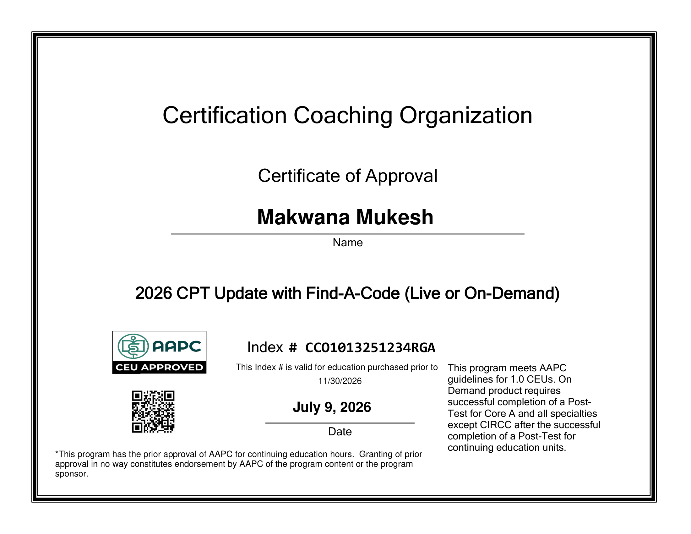 AAPC CEU Approved Certificate