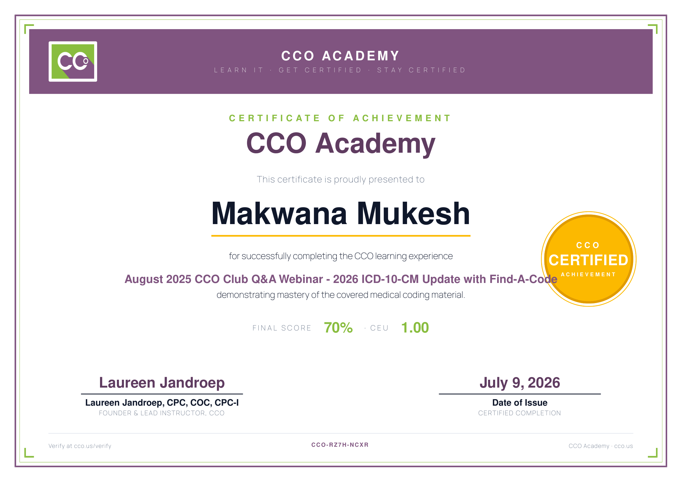 CCO Academy 2026 ICD-10-CM Update Certificate