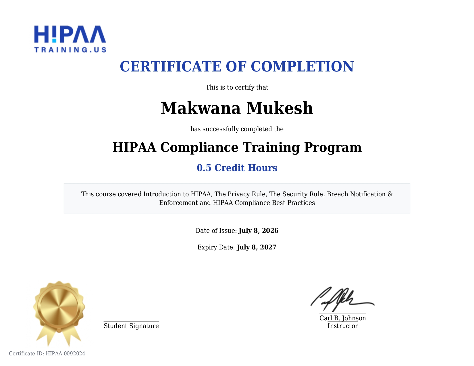 HIPAA Compliance Training Certificate